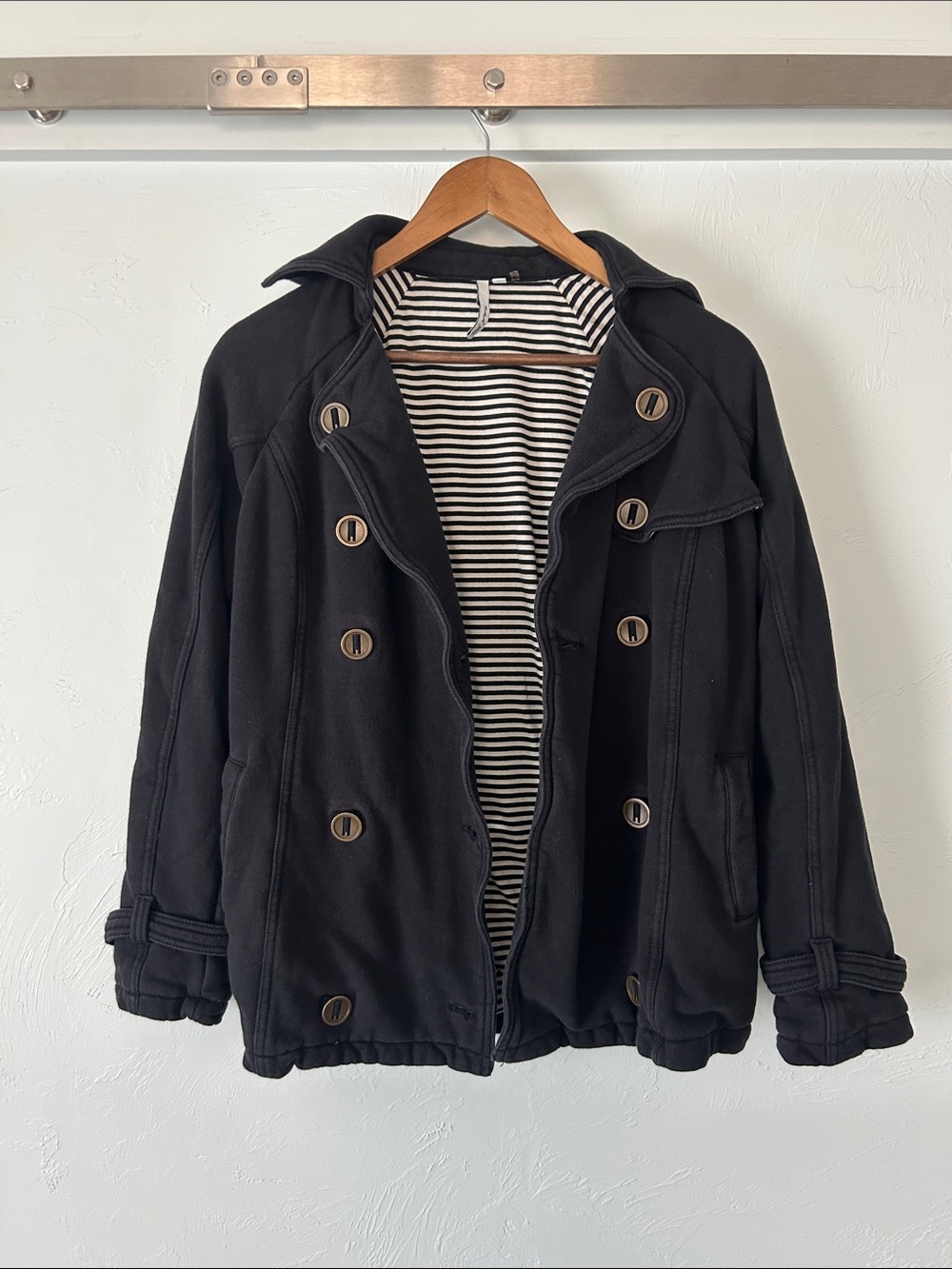 Michael Stars Black Double-Breasted Peacoat with Striped Lining
